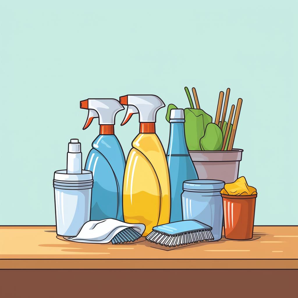 Cleaning supplies arranged on a table